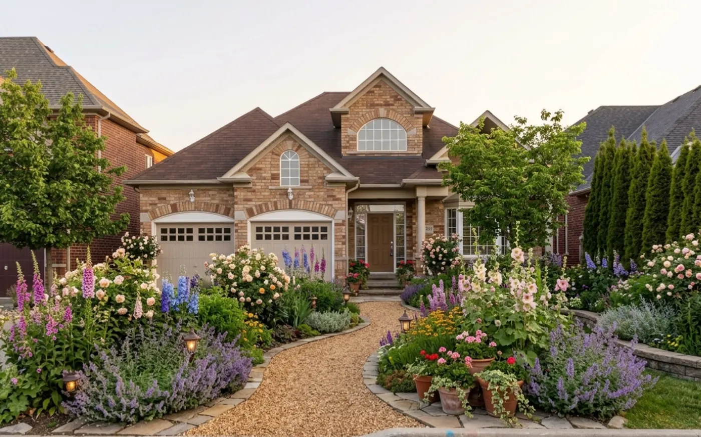 A suburban home landscaped in the English Cottage style by Landscape AI