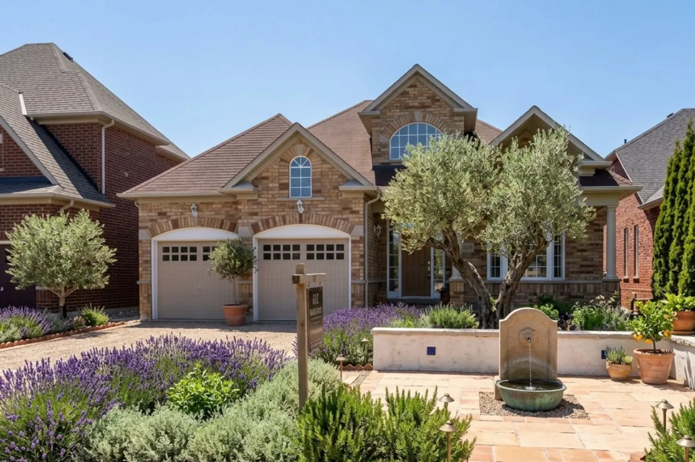 A suburban home landscaped in the Mediterranean style by Landscape AI