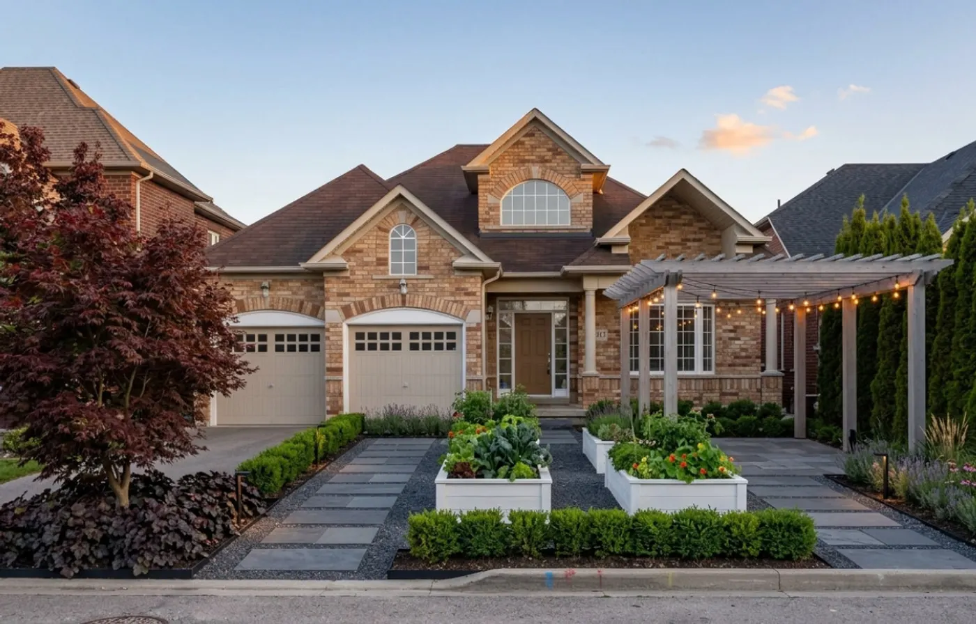 A suburban home landscaped in the Modern Farmhouse style by Landscape AI